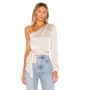 superdown One-Shoulder Satin Wrap Blouse in Ivory